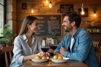 Couple profitant d'un repas traditionnel lyonnais dans un bouchon authentique et abordable