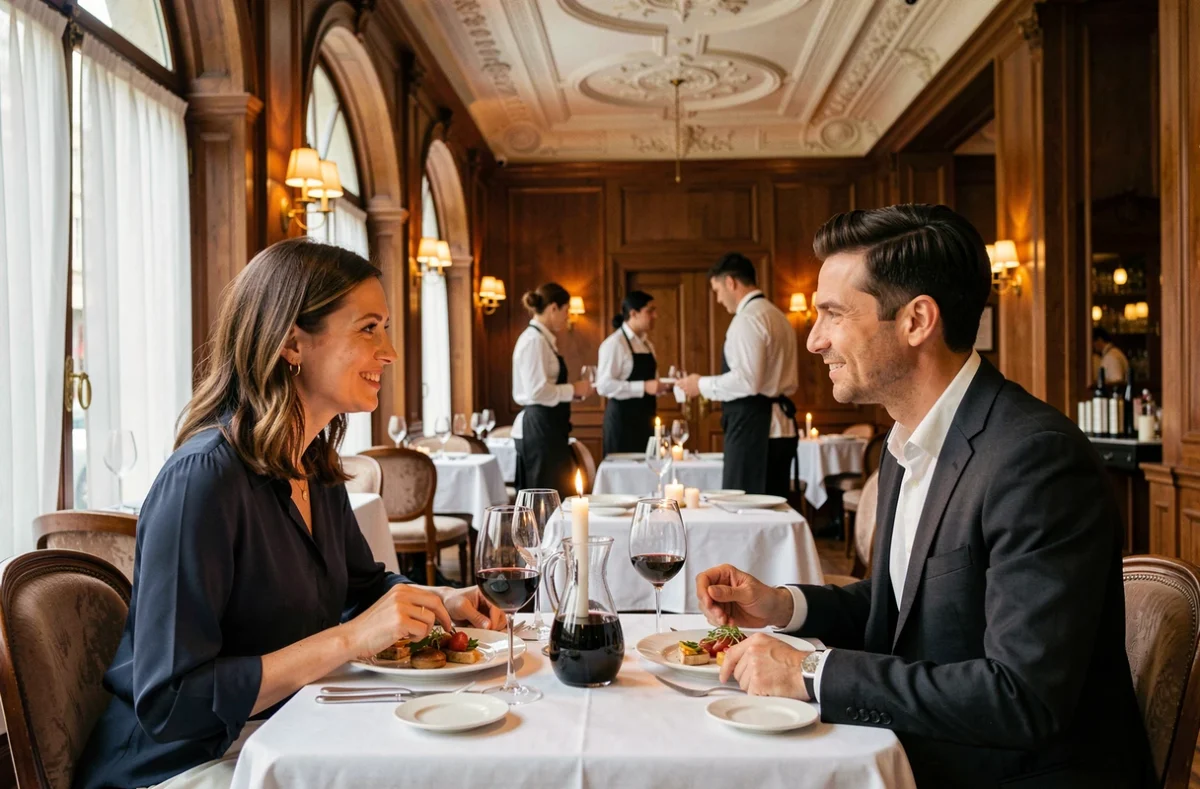 Couple élégant dînant dans une brasserie gastronomique parisienne près des Tuileries lors d'un menu dégustation raffiné