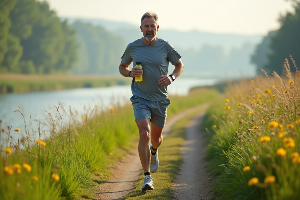 Homme courant au bord de la rivière au matin