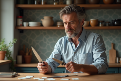 Homme d'âge moyen compare deux couteaux de cuisine dans une cuisine chaleureuse