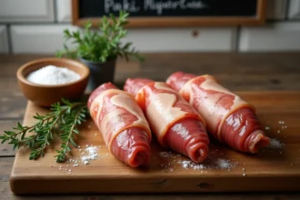 Crépinettes de porc fraîches enveloppées dans de la crépine naturelle sur un billot de boucherie rustique avec thym et fleur de sel