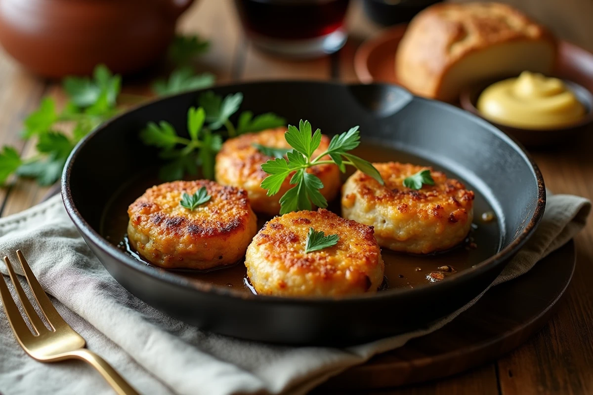 Crépinettes de porc dorées à la poêle servies dans une cocotte en fonte sur une table campagnarde avec moutarde et pain rustique