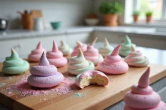 Crottes de licorne en meringue colorées posées sur une table en bois rustique, vue de dessus