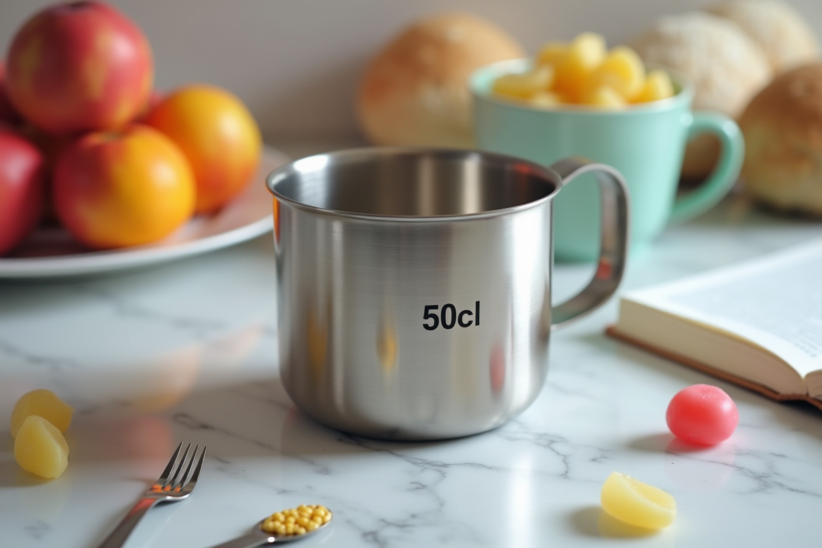 Cuillère de mesure en inox avec 50 cl sur plan en marbre dans une cuisine colorée
