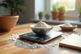 Cuillere metallique sur une balance de cuisine moderne