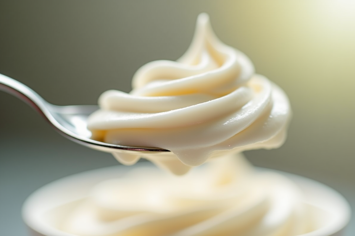 Cuillère soulevant une crème vanille en spirale en gros plan