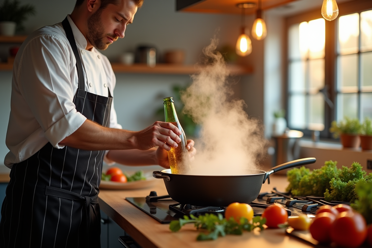 Chef cuisinant avec de la bière belge dans une cuisine moderne