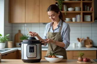 Femme en cuisine préparant une blanquette de veau