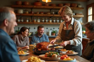 Femme souriante tranchant un rôti de porc doré en cuisine chaleureuse