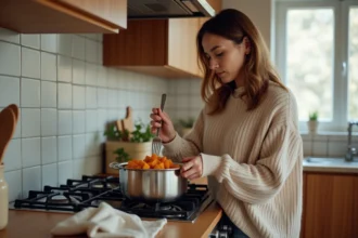 Femme testant la tendresse des patates douces en cuisine