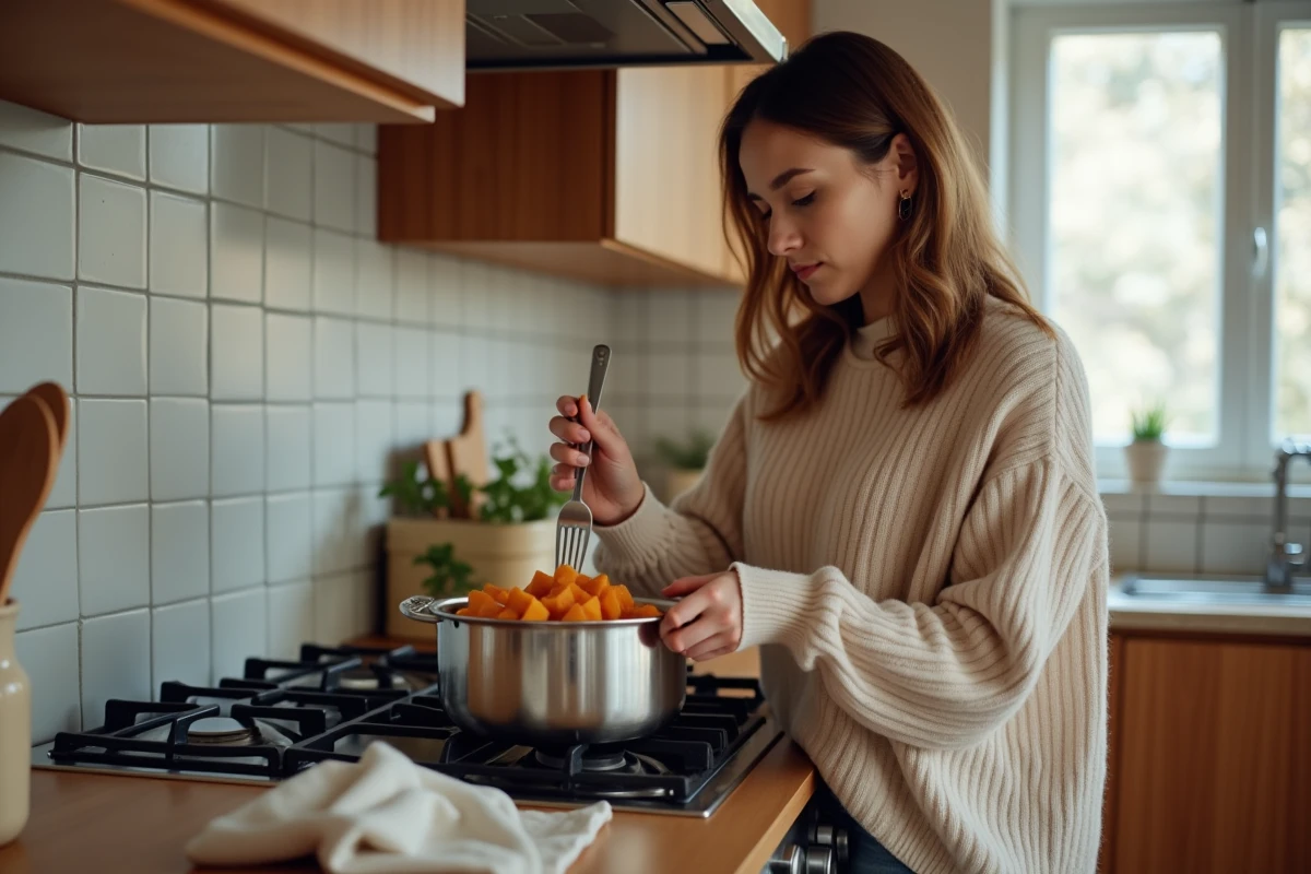 Femme testant la tendresse des patates douces en cuisine