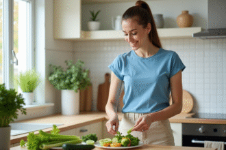 Femme en cuisine préparant une salade colorée