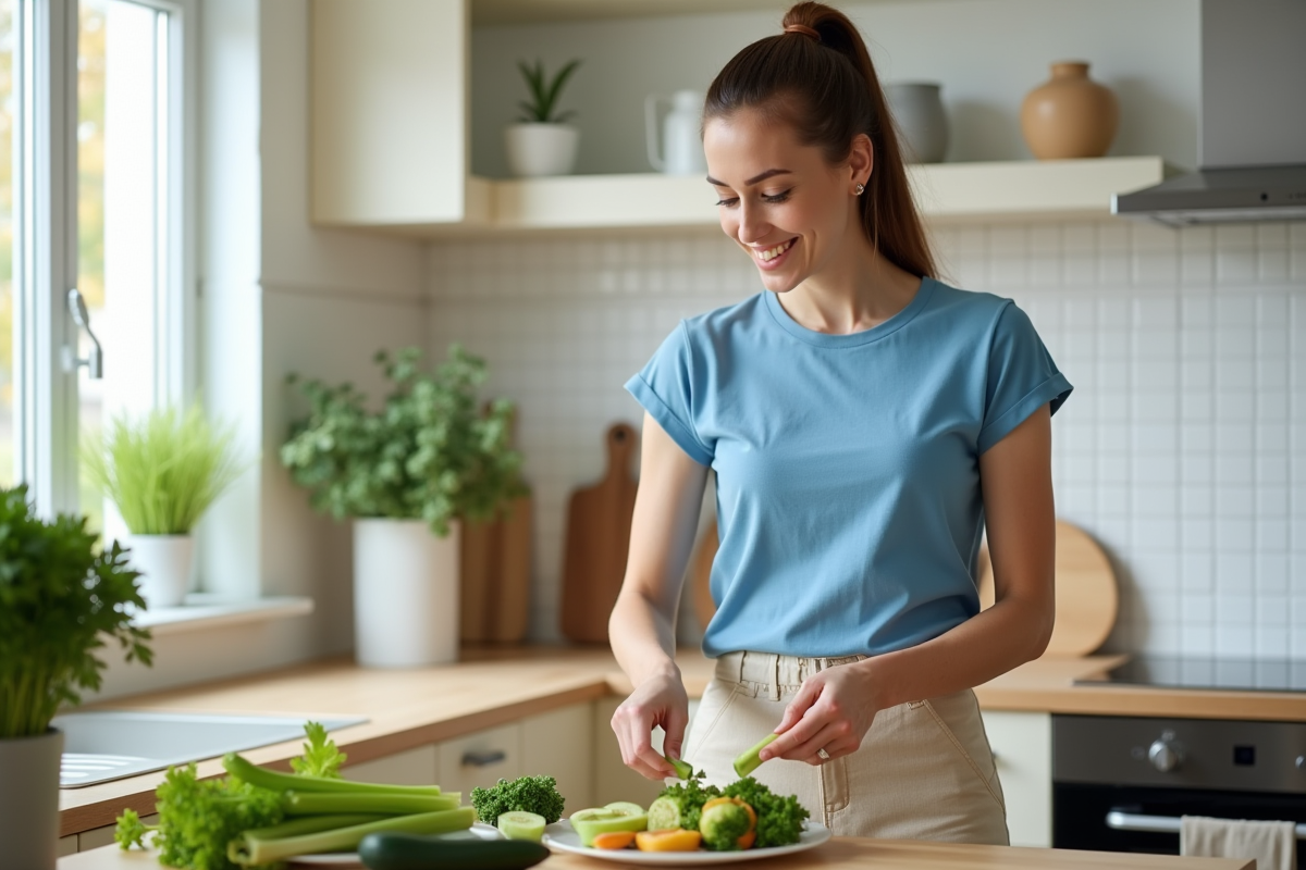 Femme en cuisine préparant une salade colorée