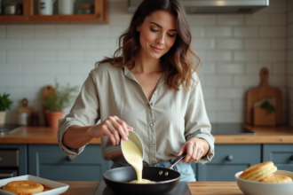 Femme préparant des baghrirs dans une cuisine moderne chaleureuse