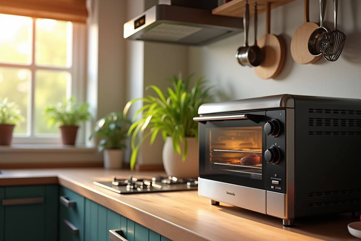Cuisine urbaine avec four vapeur sur plan de travail en bois