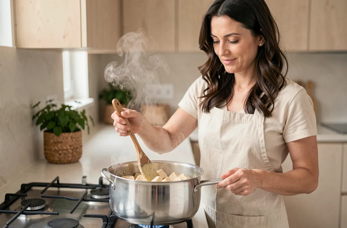 Femme cuisinant une blanquette de veau dans une casserole en inox sur une cuisinière moderne