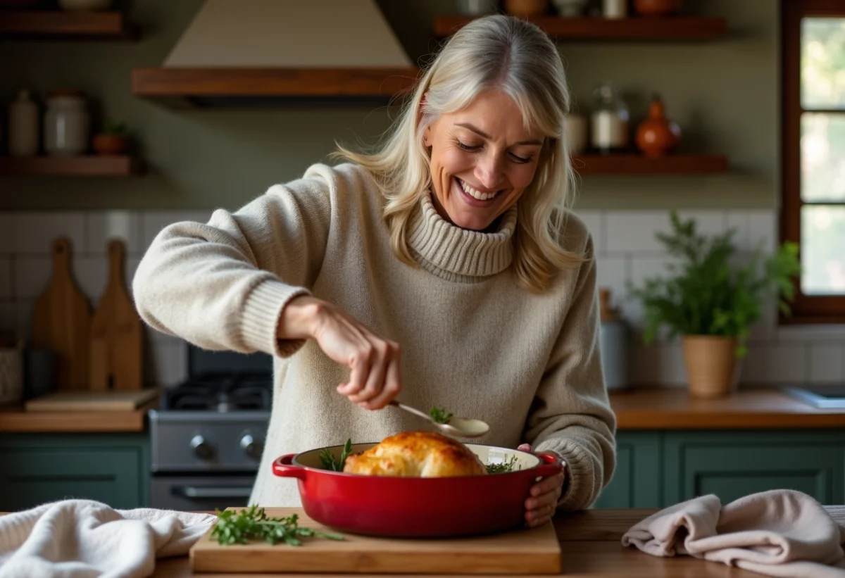 Femme souriante préparant un rôti de porc dans une cuisine chaleureuse