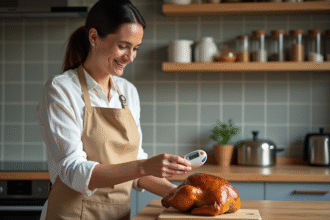 Femme en tablier beige utilisant un thermometre pour viande