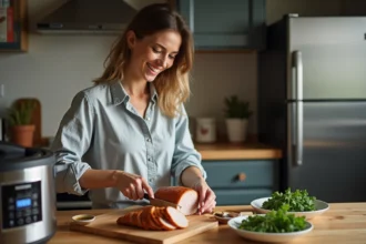 Femme tranchant un rôti de porc doré dans une cuisine chaleureuse