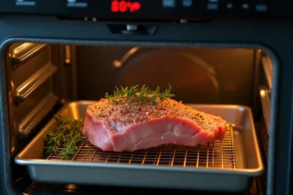 Filet mignon de porc en cuisson basse température dans un four domestique réglé à 80°C avec thym frais et sel
