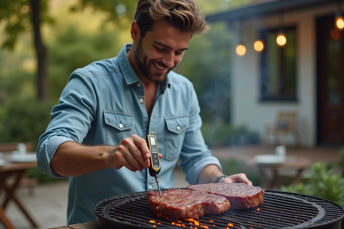 Jeune homme insérant un thermomètre dans un steak sur le barbecue