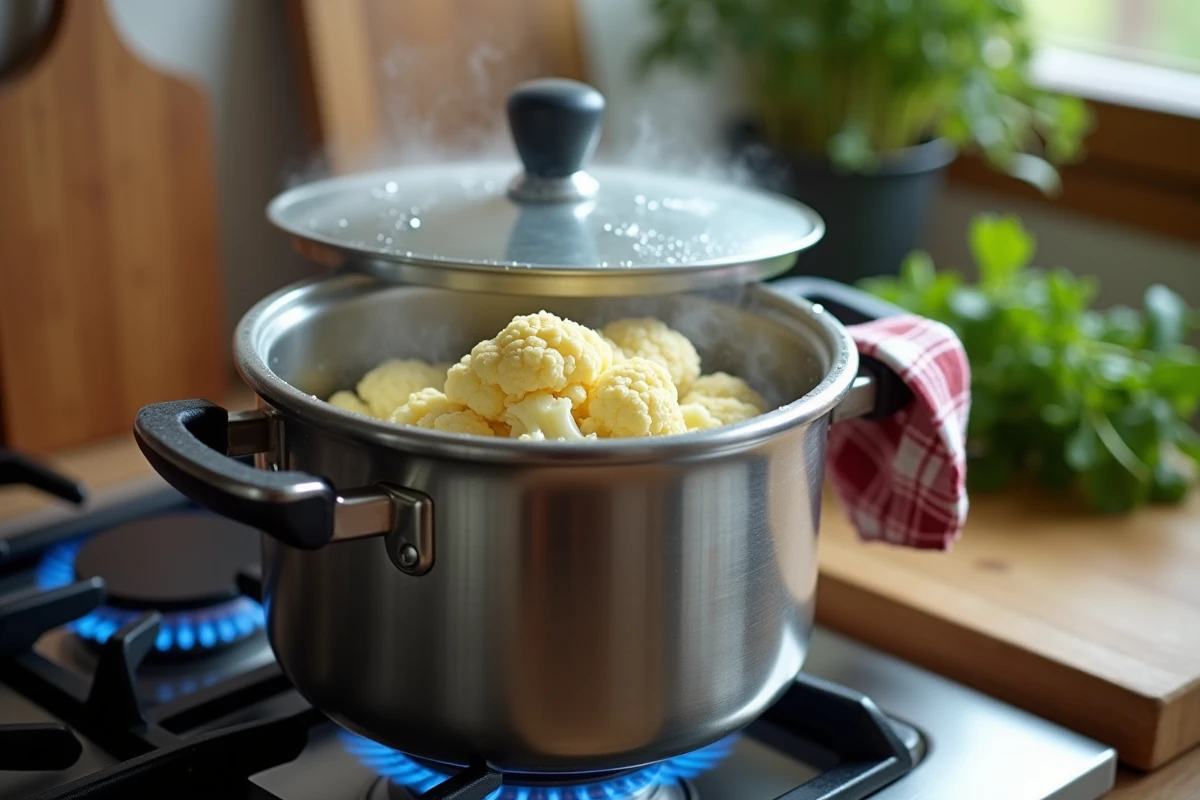 Cocotte-minute sur feu de gaz avec vapeur s'échappant de la soupape pendant la cuisson du chou-fleur