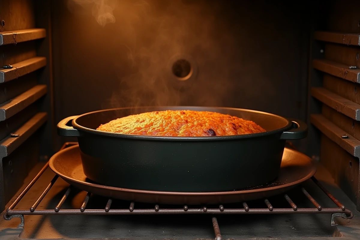 Terrine de gibier en cocotte fonte dans un four au bain-marie, cuisson lente pour une terrine moelleuse et bien fondante