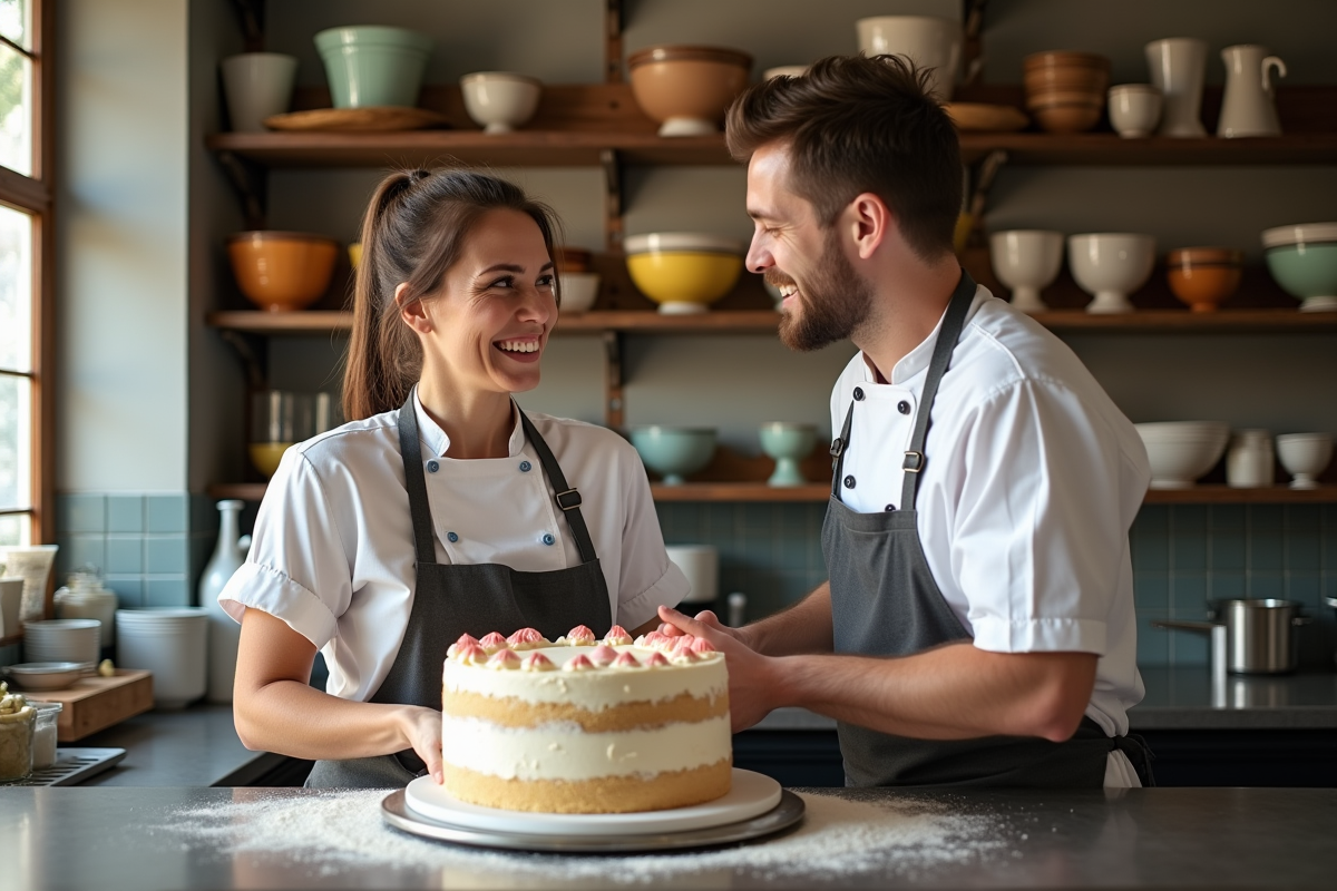 Une femme d'âge moyen et un jeune homme décorent un gâteau dans une cuisine rustique