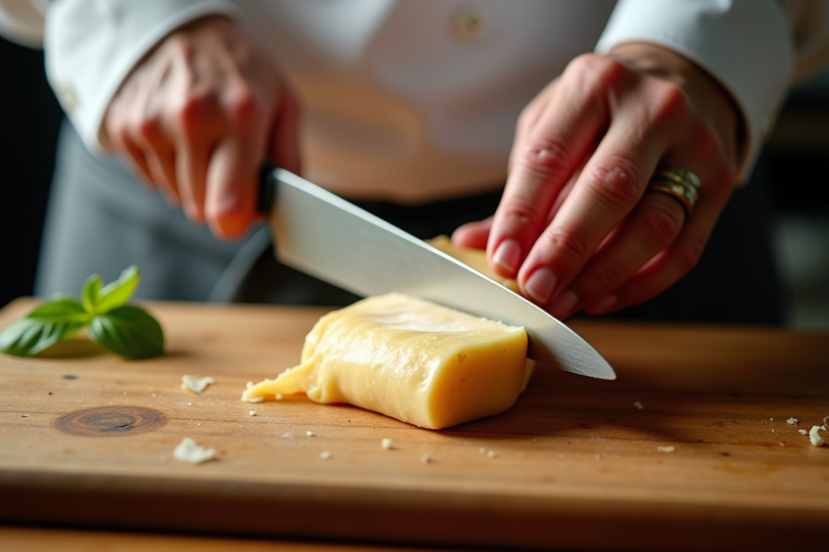 Chef tranchant du foie gras décongelé sur une planche en bois