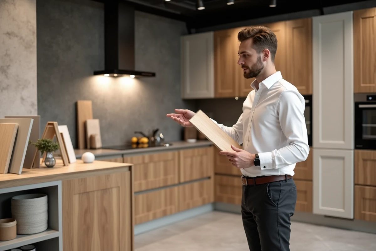 Designer d'intérieur présentant une cuisine modulaire So Cooc en bois et blanc dans un showroom professionnel