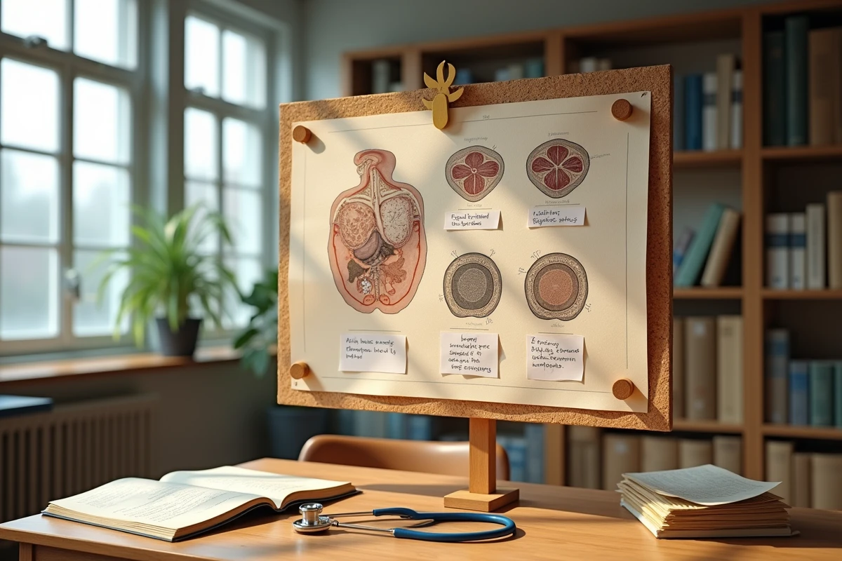 Diagramme anatomique d'autolyse cellulaire affiché dans une salle d'étude de faculté de médecine avec annotations manuscrites