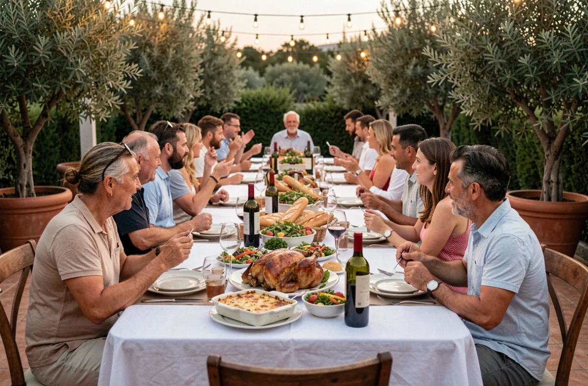Dîner en plein air pour 10 personnes sur une terrasse estivale avec un menu complet entre amis