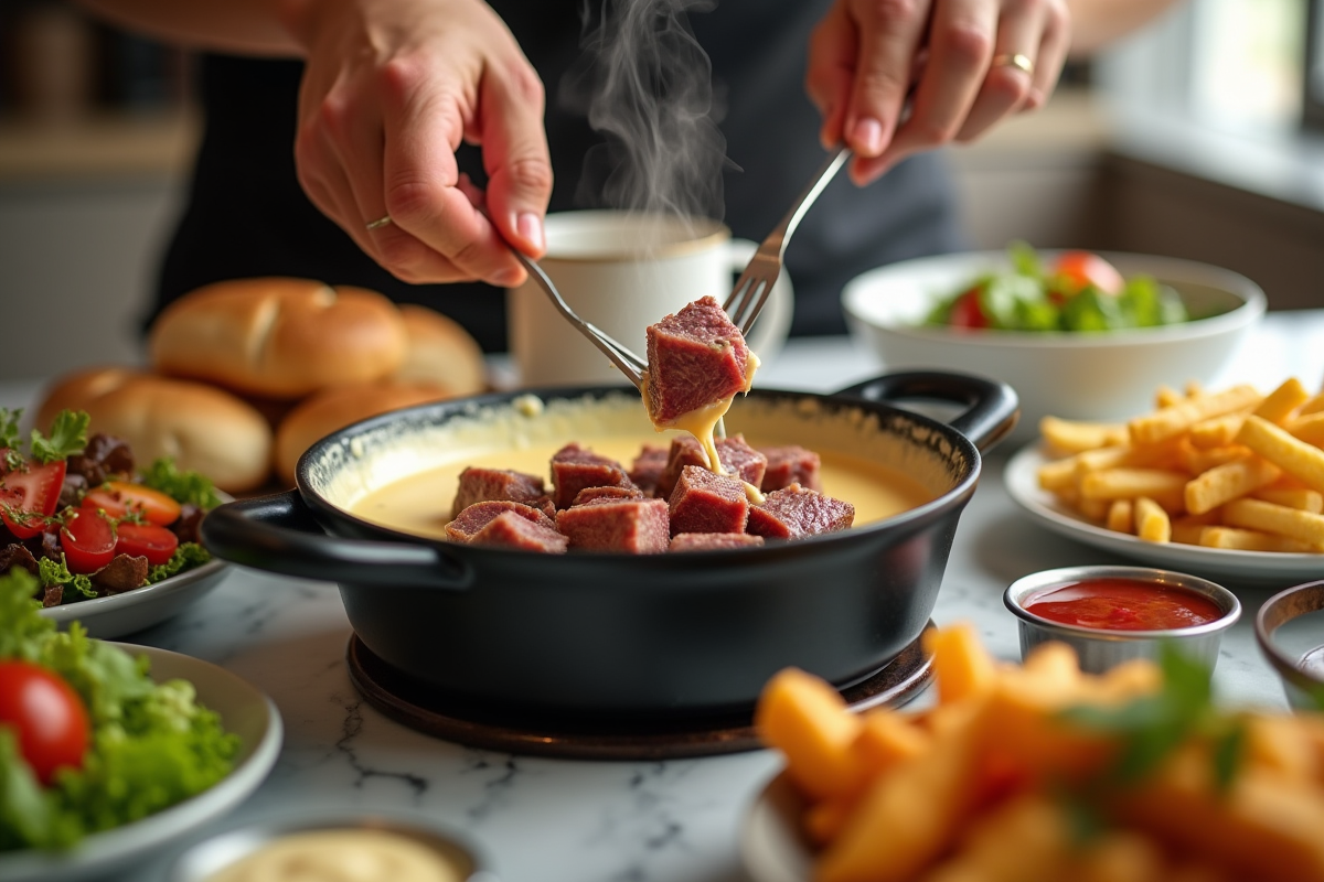 Main plongeant des cubes de viande dans la fondue