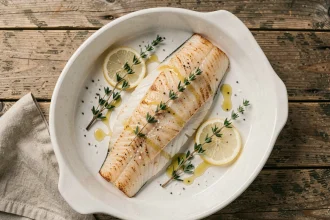Dos de cabillaud au four doré et moelleux dans un plat en céramique blanche, garni de citron et de thym frais sur une table en bois rustique