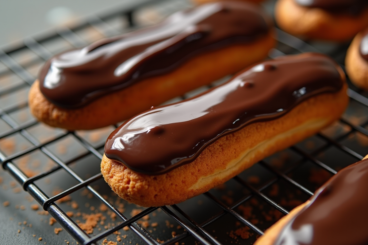 Éclairs au chocolat sur un grille de refroidissement