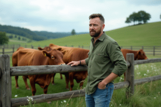 Homme d'âge moyen inspectant un troupeau de vaches en pâturage