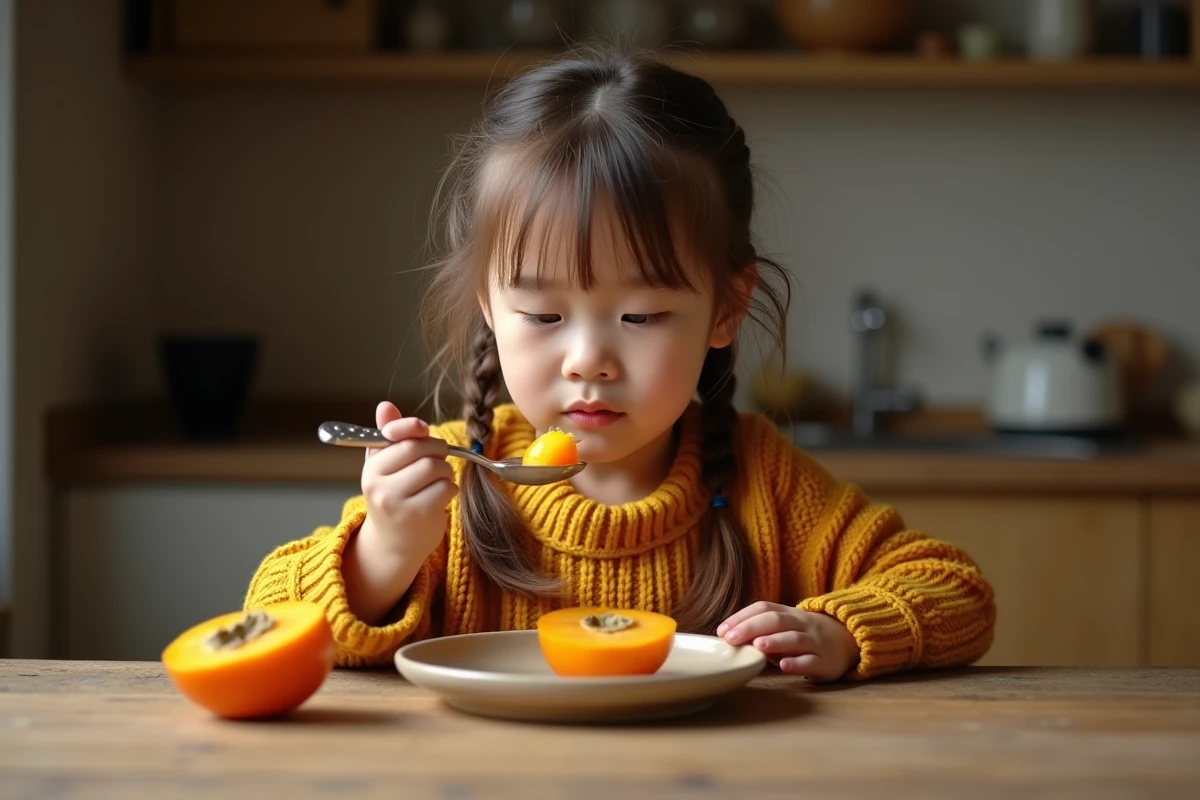 Petite fille goûtant la chair d'un kaki à la cuillère, expression hésitante et curieuse, idéal pour enfants difficiles