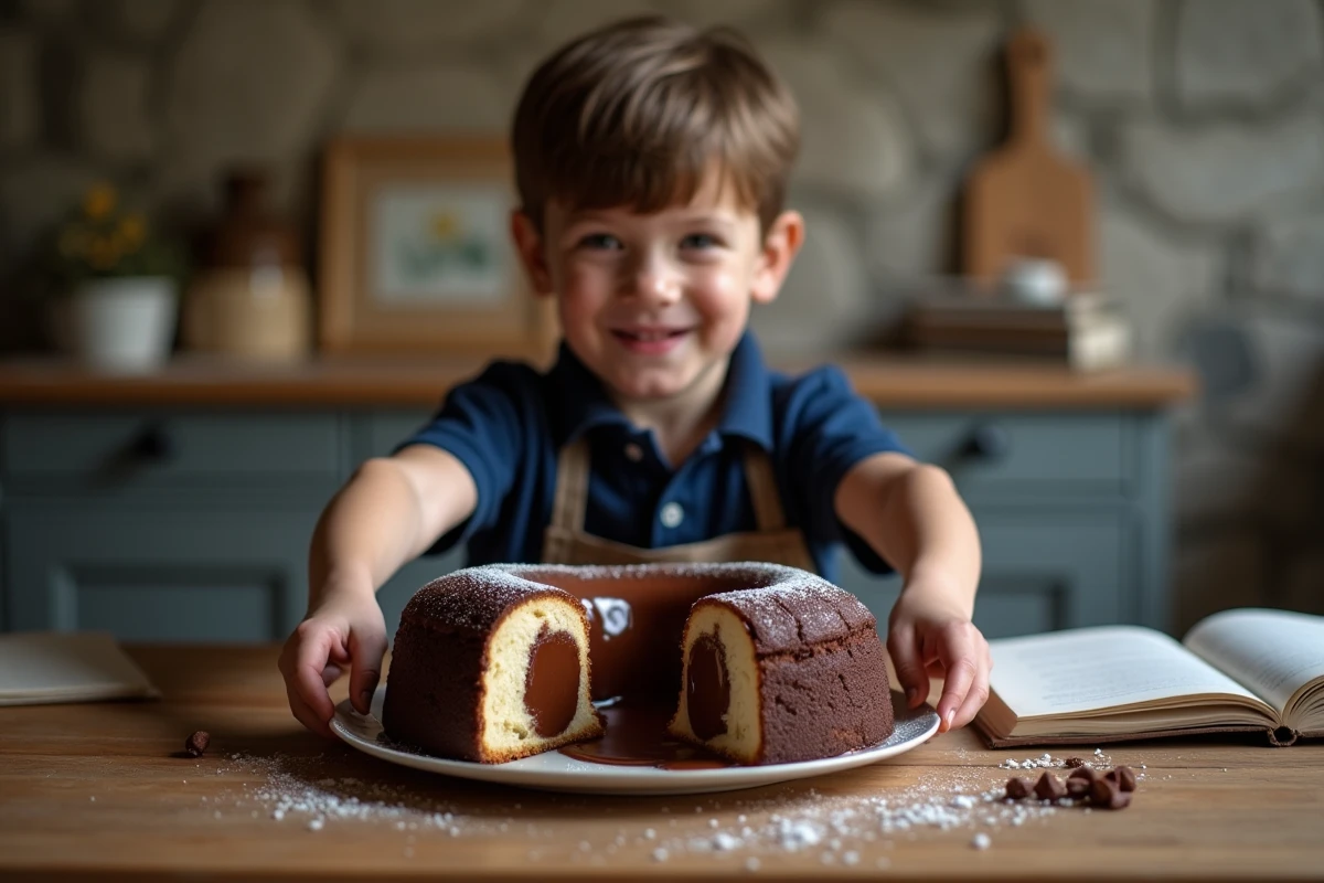 Enfant montrant fièrement un fondant au chocolat coupé en famille