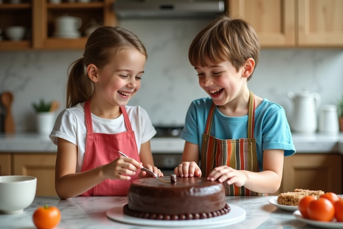 Jeune fille et garçon décorant un gâteau au chocolat dans la cuisine