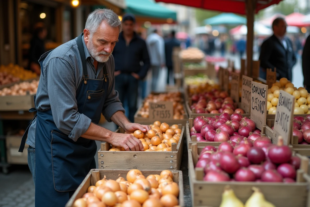 Étalage de marché avec oignons de différents calibres dans des caisses en bois