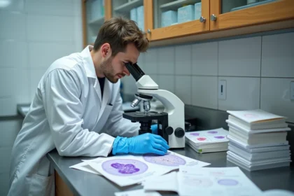 Étudiant en médecine examinant des lames histologiques sous microscope dans un laboratoire universitaire moderne