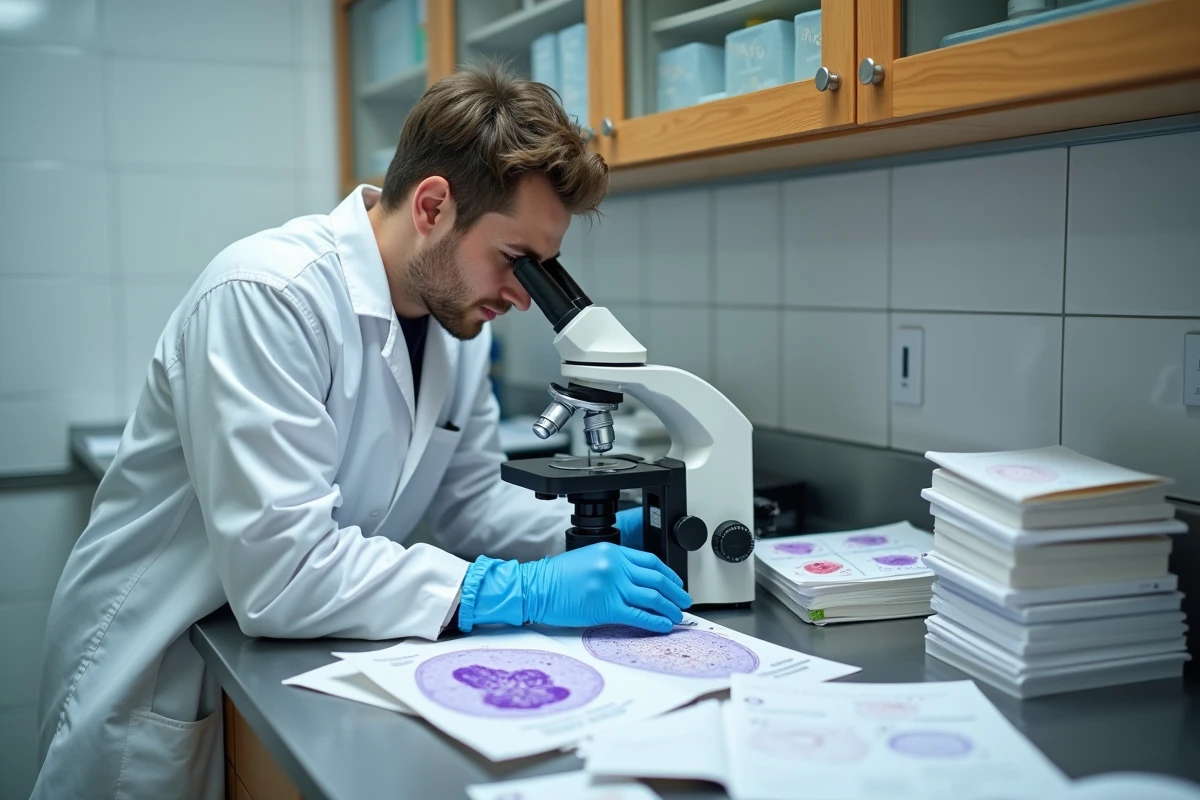 Étudiant en médecine examinant des lames histologiques sous microscope dans un laboratoire universitaire moderne