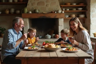 Famille française autour d'un repas traditionnel convivial