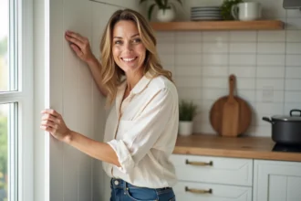 Femme appliquant du vinyle adhésif sur une porte de cuisine