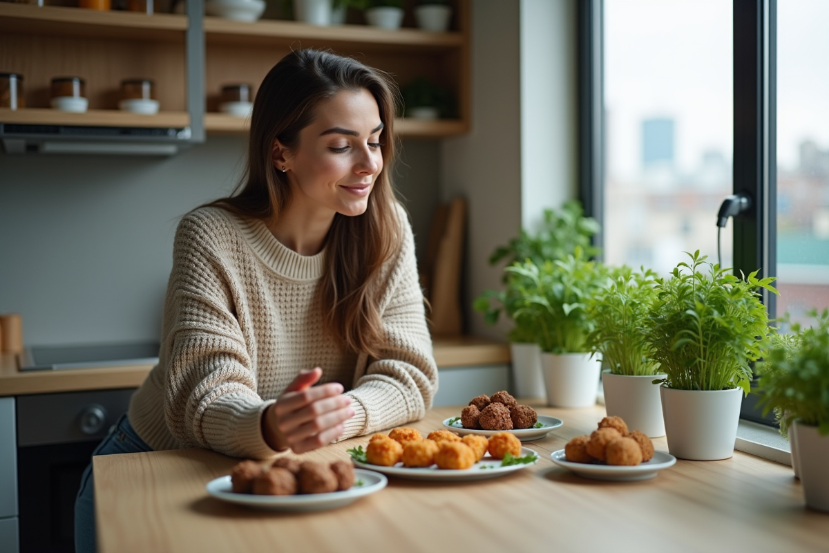 Jeune femme examine des bouchées protéine insecte et végétale