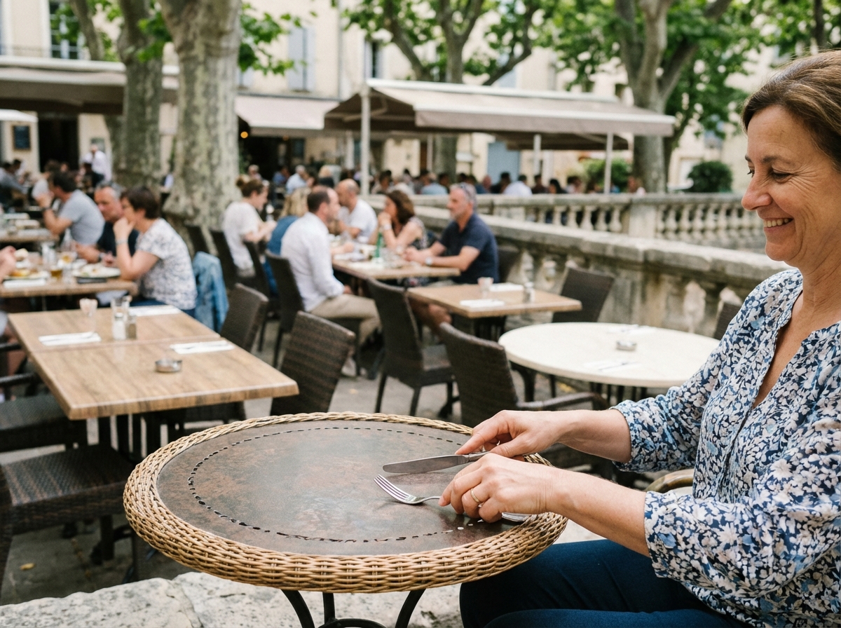 Femme souriante disposant des couverts sur une table de restaurant