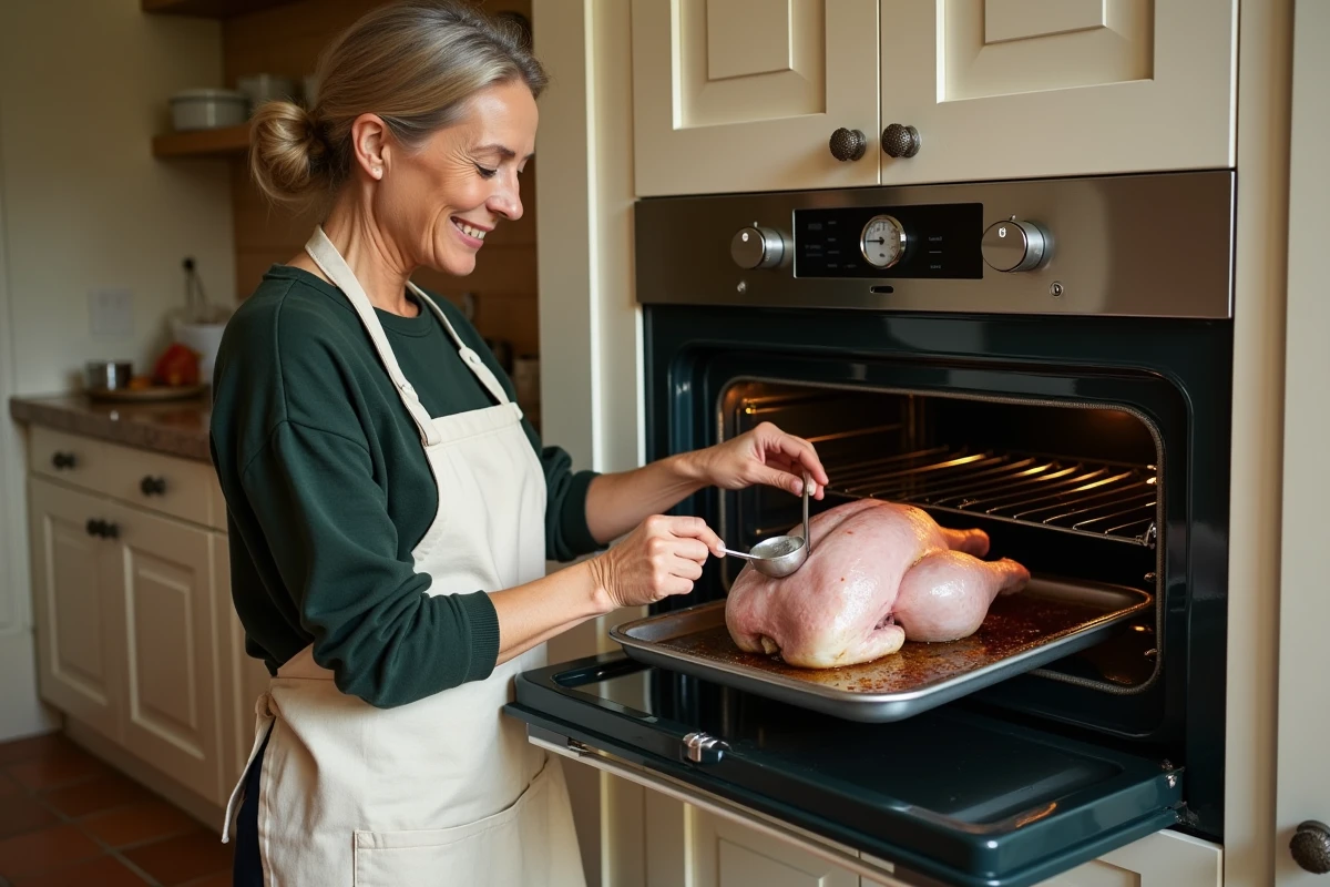 Femme en tablier de lin arrosant un chapon cru dans un four de cuisine rustique française lors de la préparation du repas de Noël