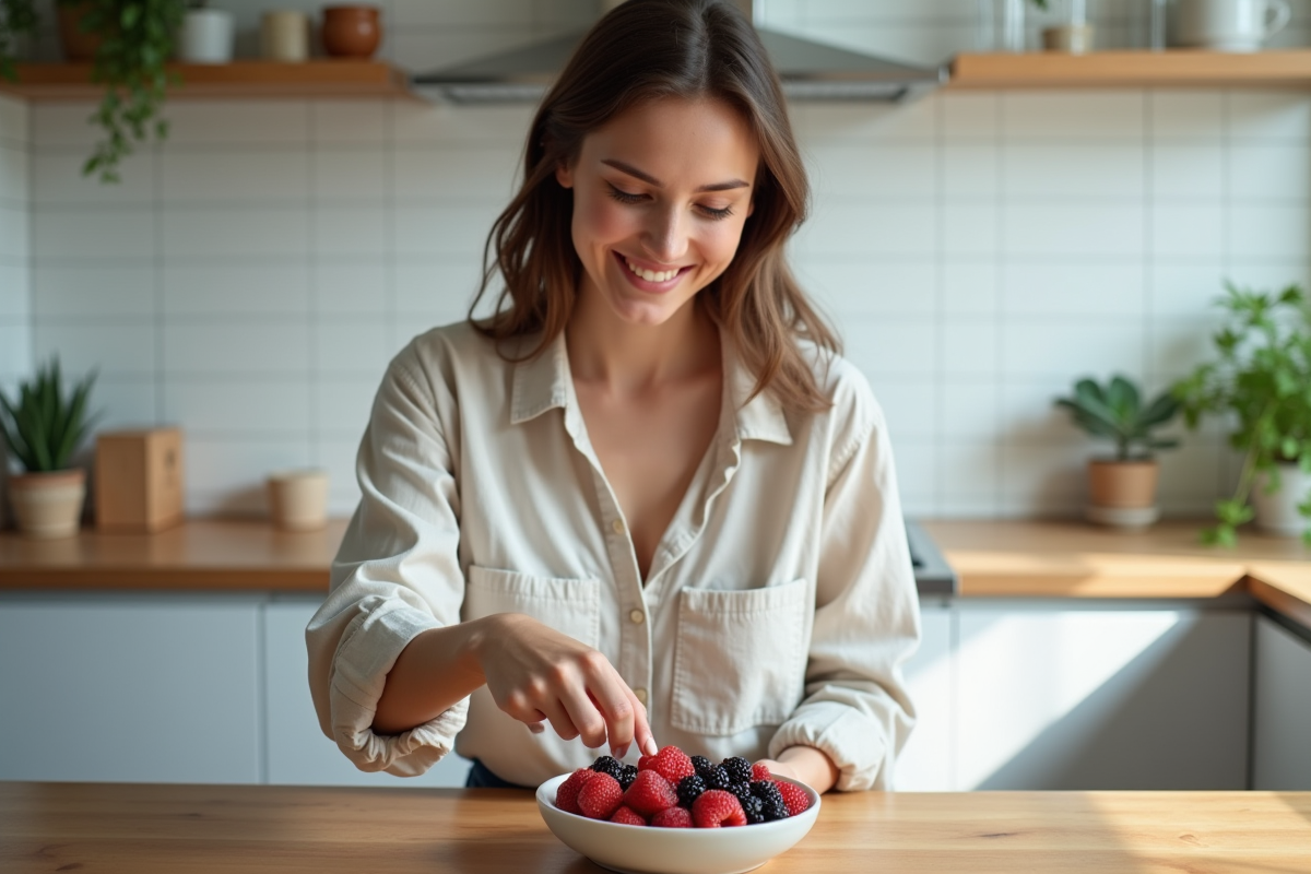 Jeune femme choisissant des baies fraîches dans la cuisine