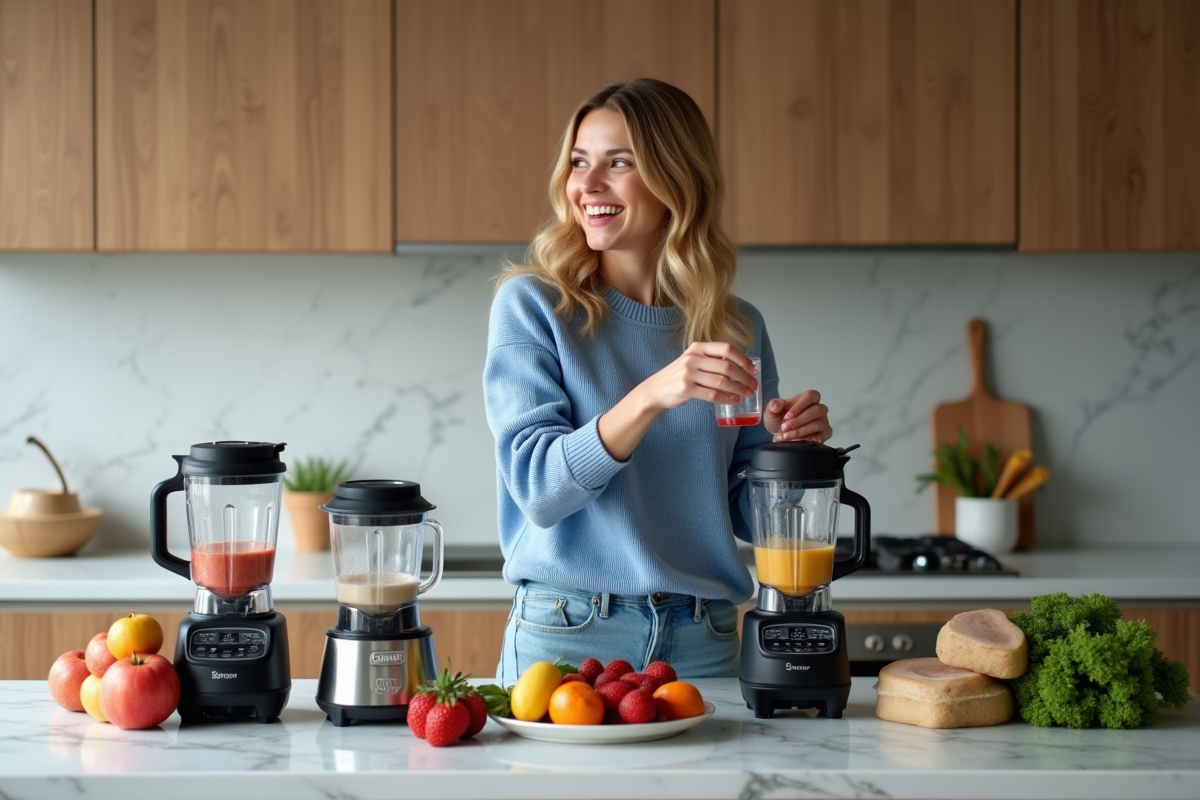 Femme préparant un smoothie dans une cuisine moderne