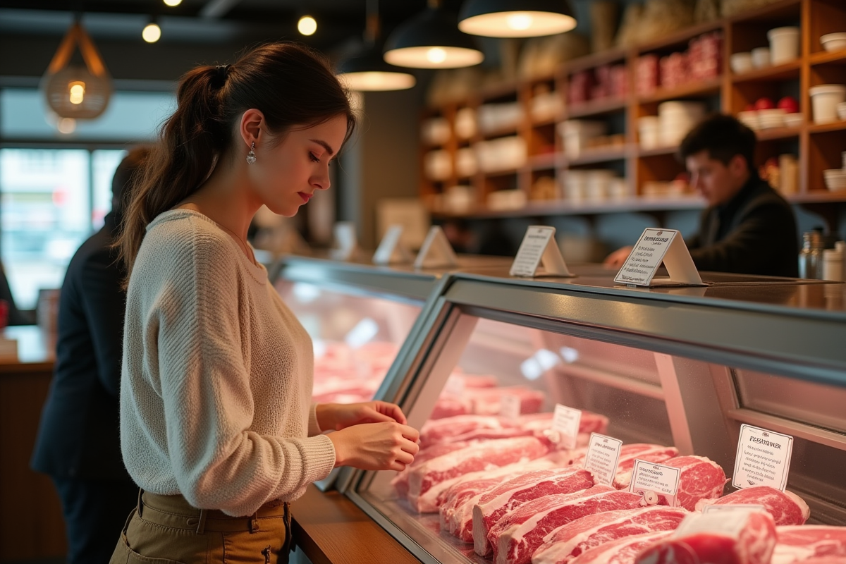 Jeune femme achetant de la viande durable en boucherie moderne